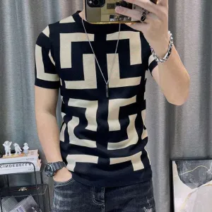 3 Color Short Sleeve Knitting T-Shirt Men Slim Streetwear Color Contrast T Shirt Men