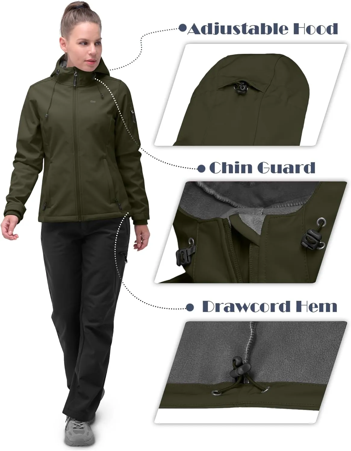 33,000ft Women's Softshell Jacket, Fleece Lined Warm Jacket Light Hooded Windproof Coat for Outdoor Hiking