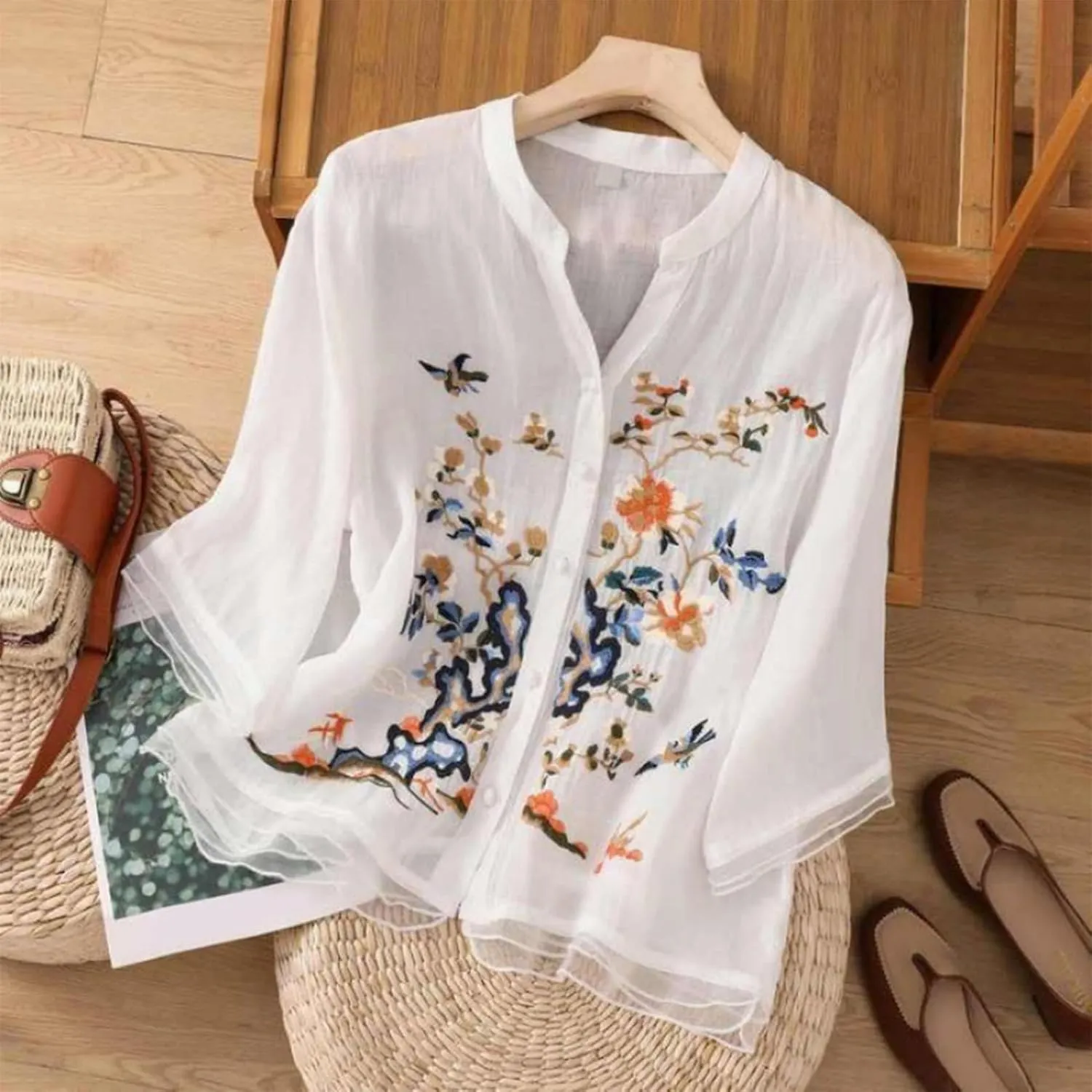 3/4 Sleeve Cotton Linen Shirts for Women 2025 Summer Retro Embroidered Boho Tops Dressy Casual Trendy Vacation Blouse