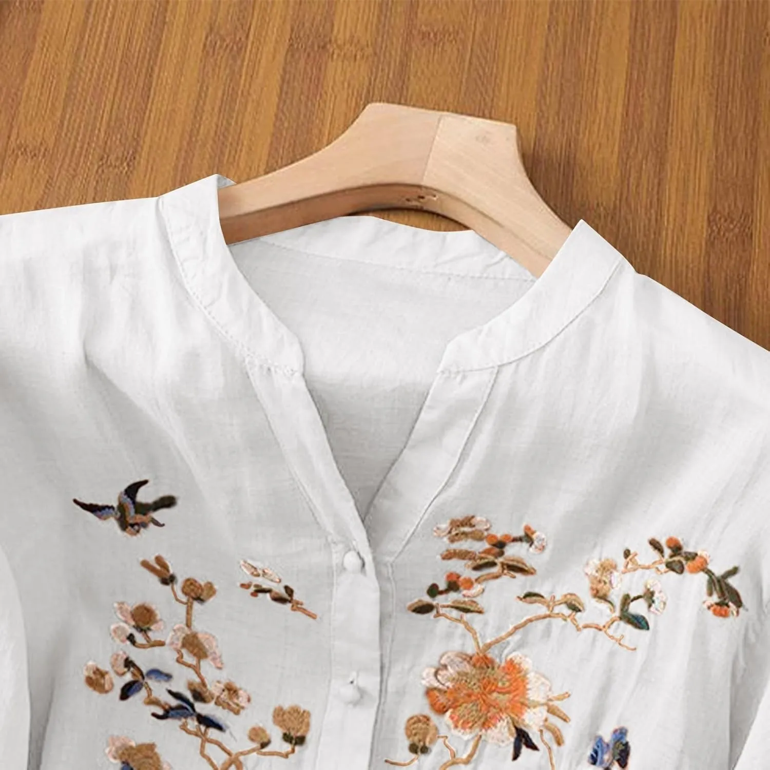 3/4 Sleeve Cotton Linen Shirts for Women 2025 Summer Retro Embroidered Boho Tops Dressy Casual Trendy Vacation Blouse