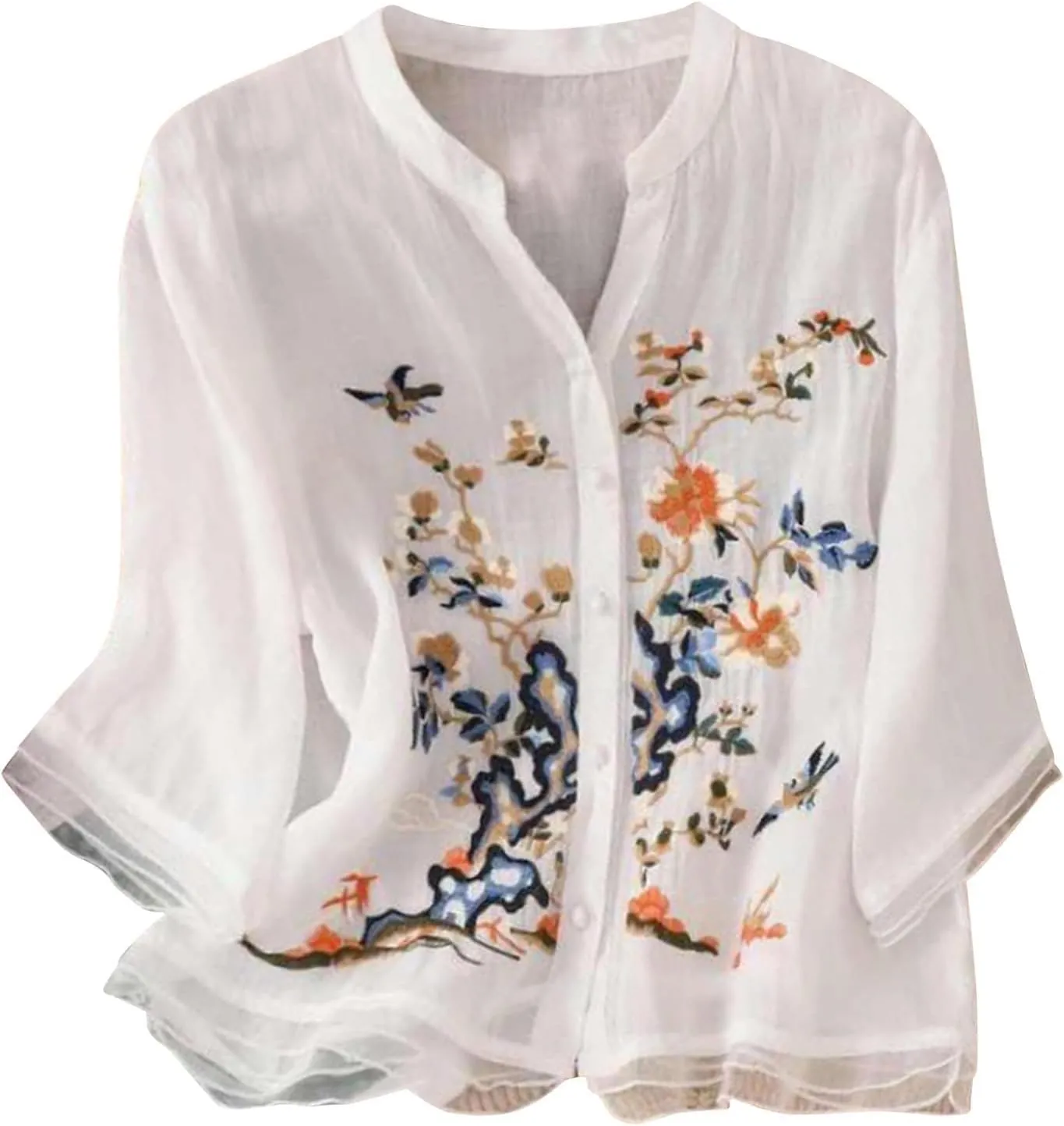 3/4 Sleeve Cotton Linen Shirts for Women 2025 Summer Retro Embroidered Boho Tops Dressy Casual Trendy Vacation Blouse