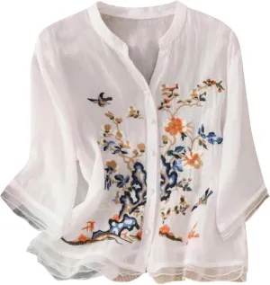 3/4 Sleeve Cotton Linen Shirts for Women 2025 Summer Retro Embroidered Boho Tops Dressy Casual Trendy Vacation Blouse