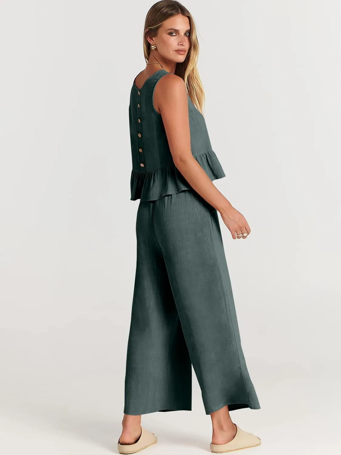 ANRABESS Women Summer 2 Piece Outfits Sleeveless Tank Crop Top Wide Leg Pants Linen Jumpsuits Lounge Matching Beach Sets
