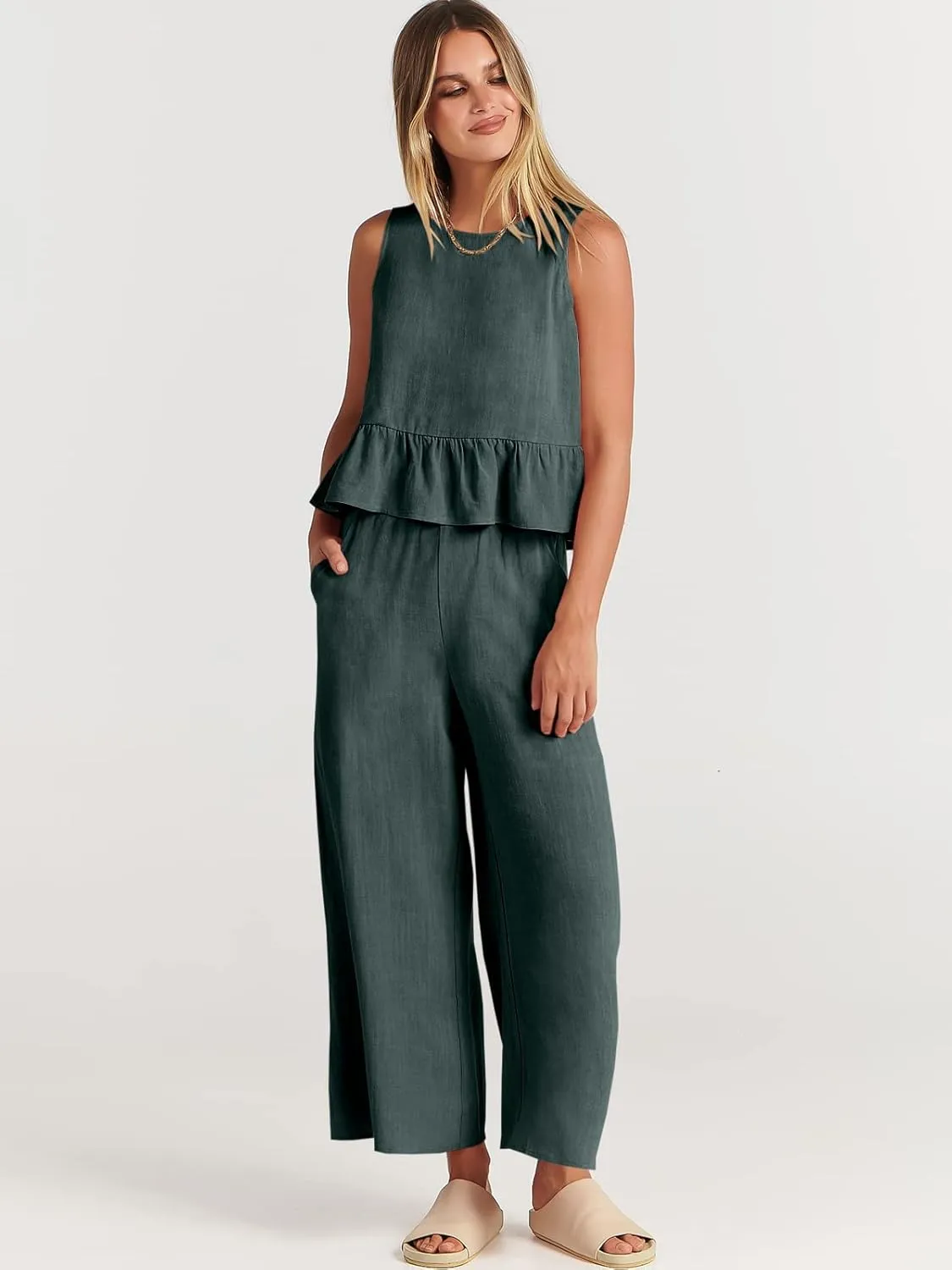 ANRABESS Women Summer 2 Piece Outfits Sleeveless Tank Crop Top Wide Leg Pants Linen Jumpsuits Lounge Matching Beach Sets