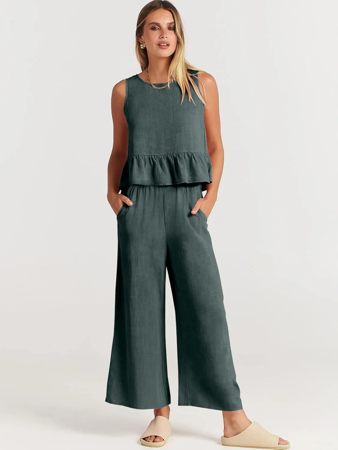ANRABESS Women Summer 2 Piece Outfits Sleeveless Tank Crop Top Wide Leg Pants Linen Jumpsuits Lounge Matching Beach Sets