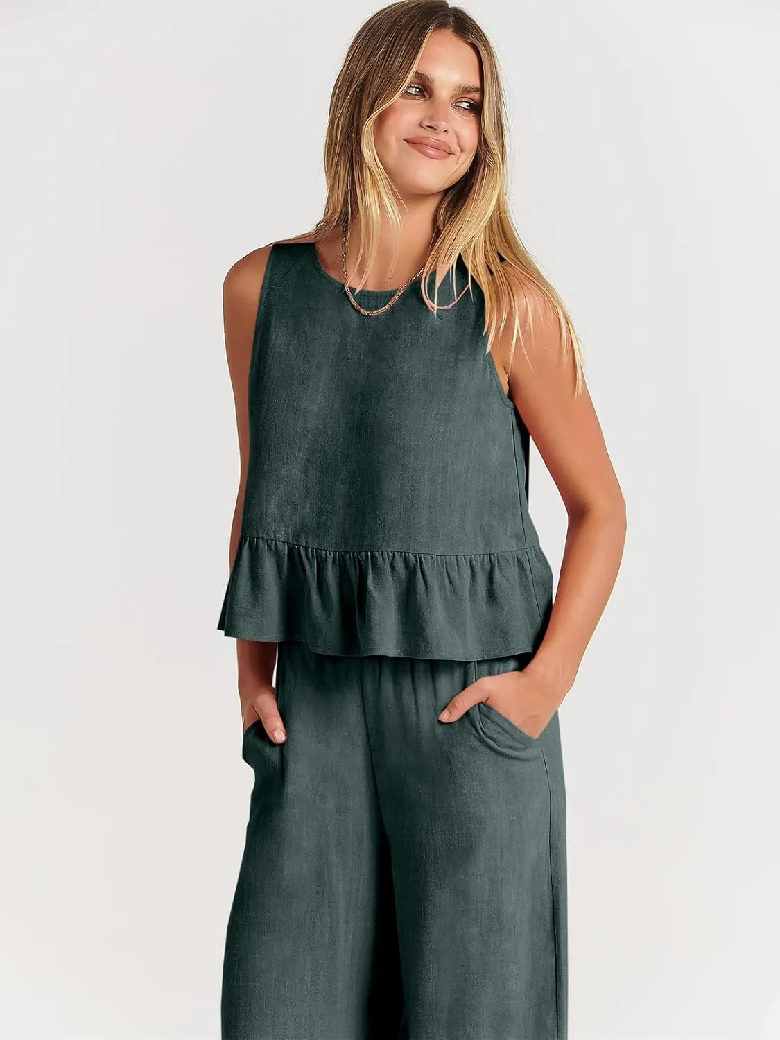 ANRABESS Women Summer 2 Piece Outfits Sleeveless Tank Crop Top Wide Leg Pants Linen Jumpsuits Lounge Matching Beach Sets