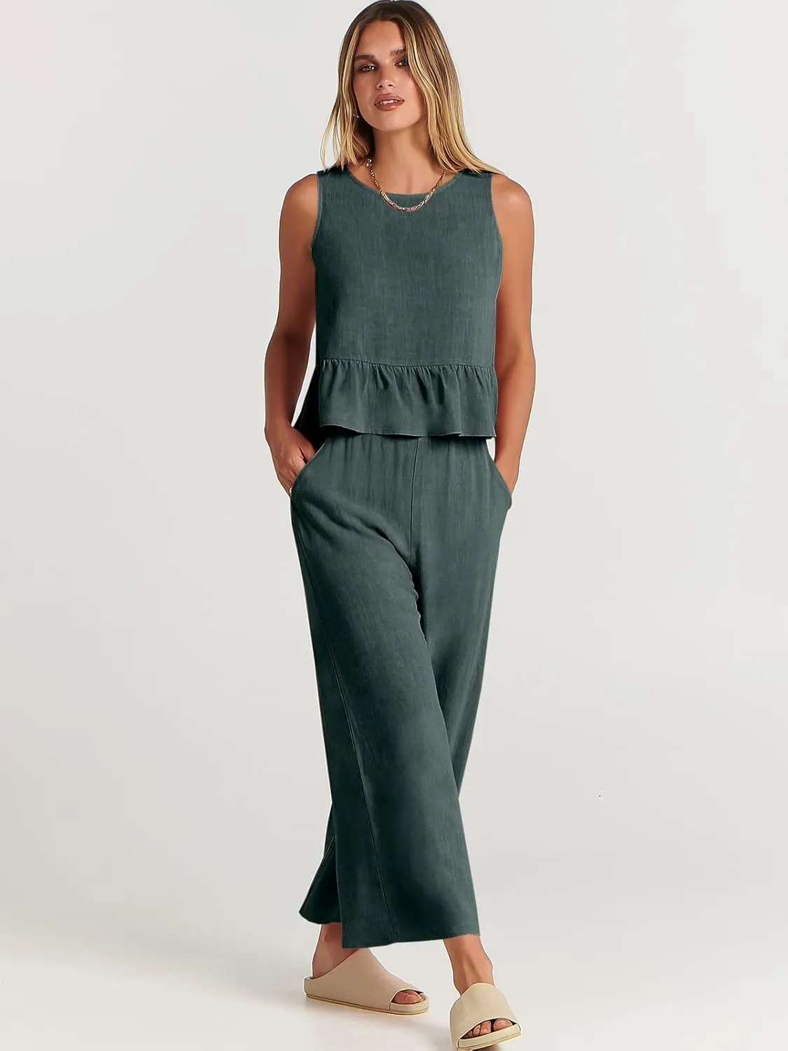 ANRABESS Women Summer 2 Piece Outfits Sleeveless Tank Crop Top Wide Leg Pants Linen Jumpsuits Lounge Matching Beach Sets