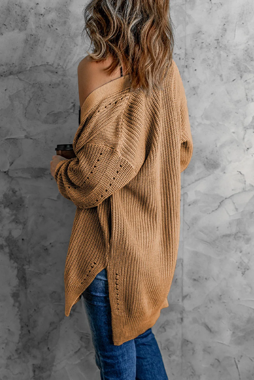 Apricot Drop Sleeve Cable Knit Cardigan with Slits
