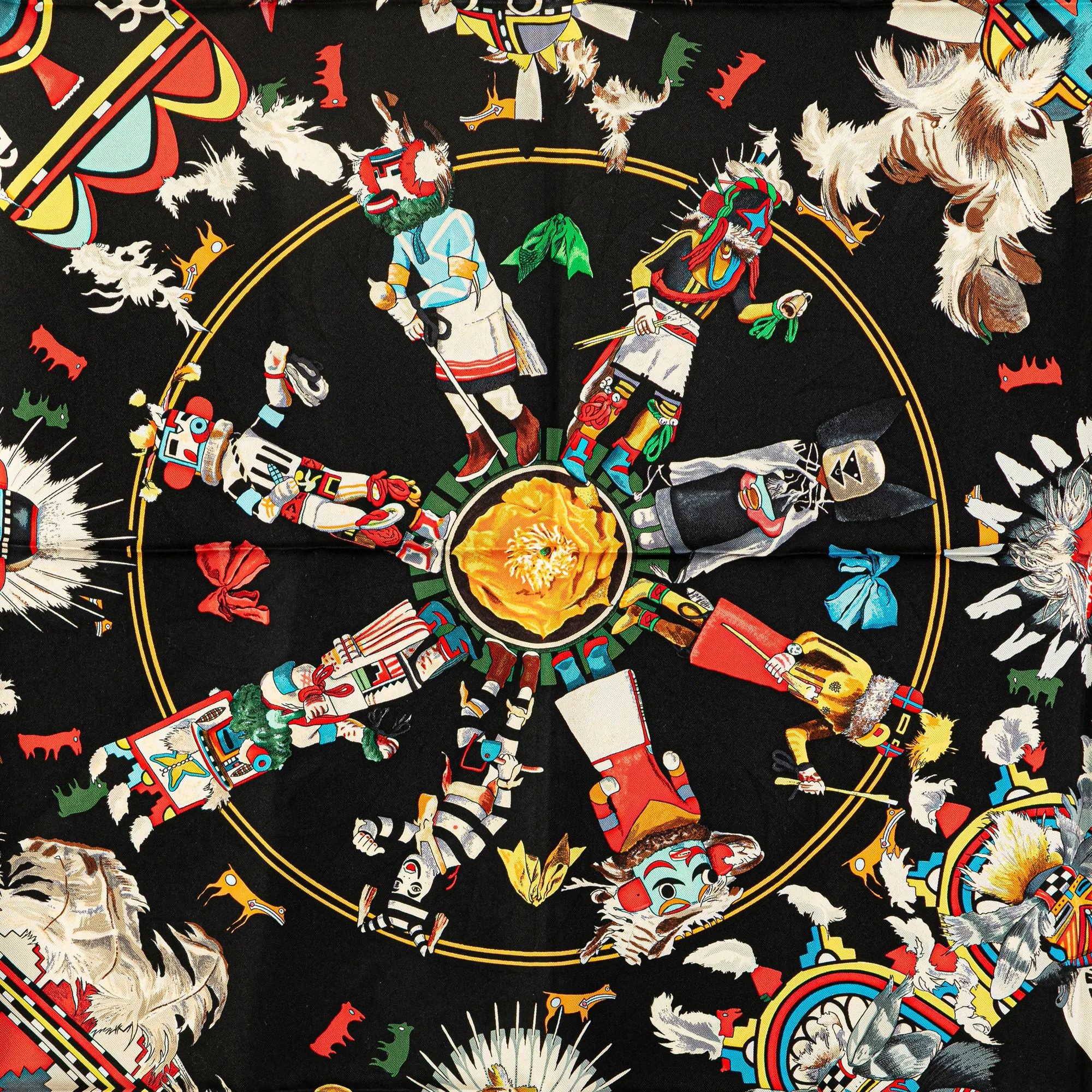 Black Hermès Kachinas Giant Triangle Silk Scarf Scarves