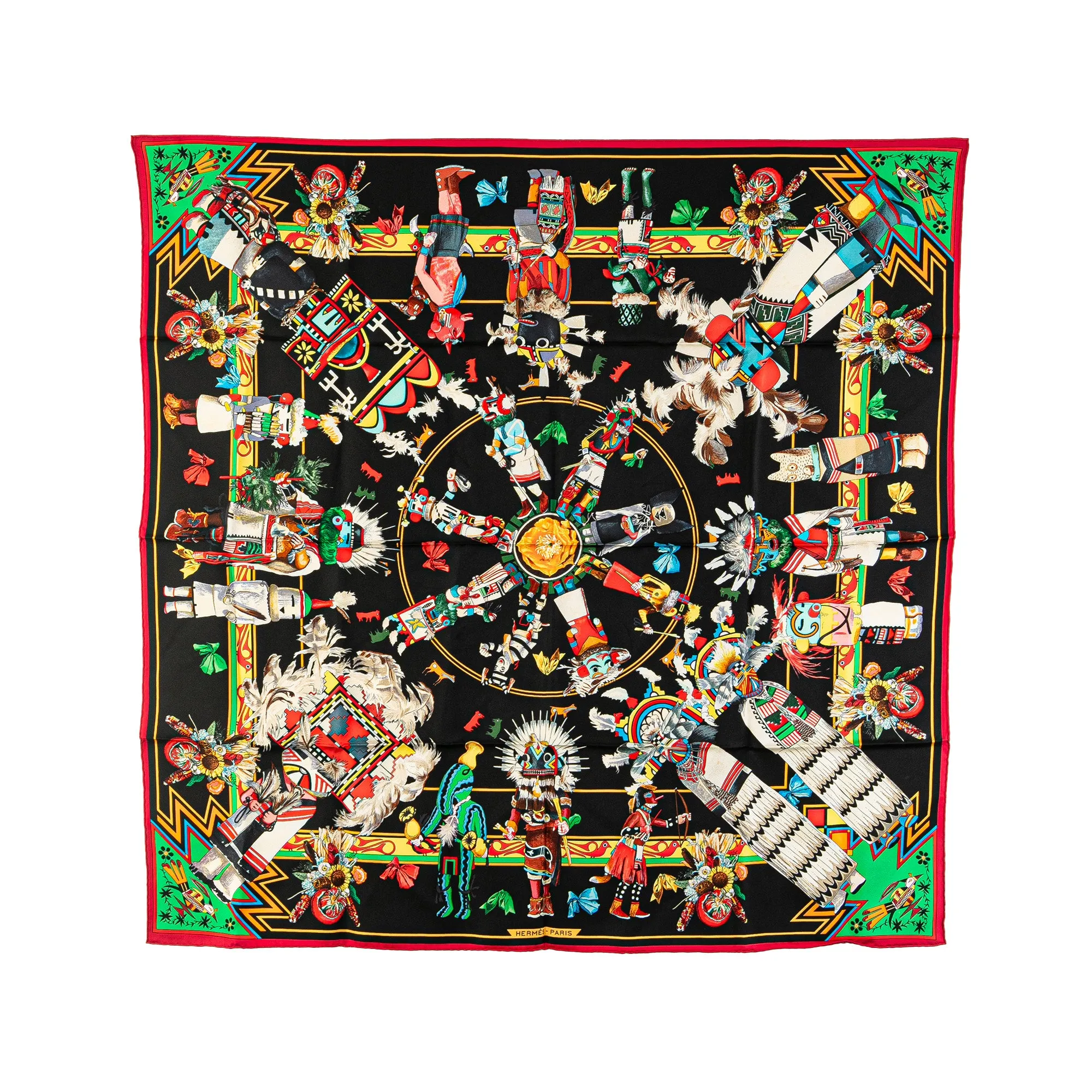 Black Hermès Kachinas Giant Triangle Silk Scarf Scarves