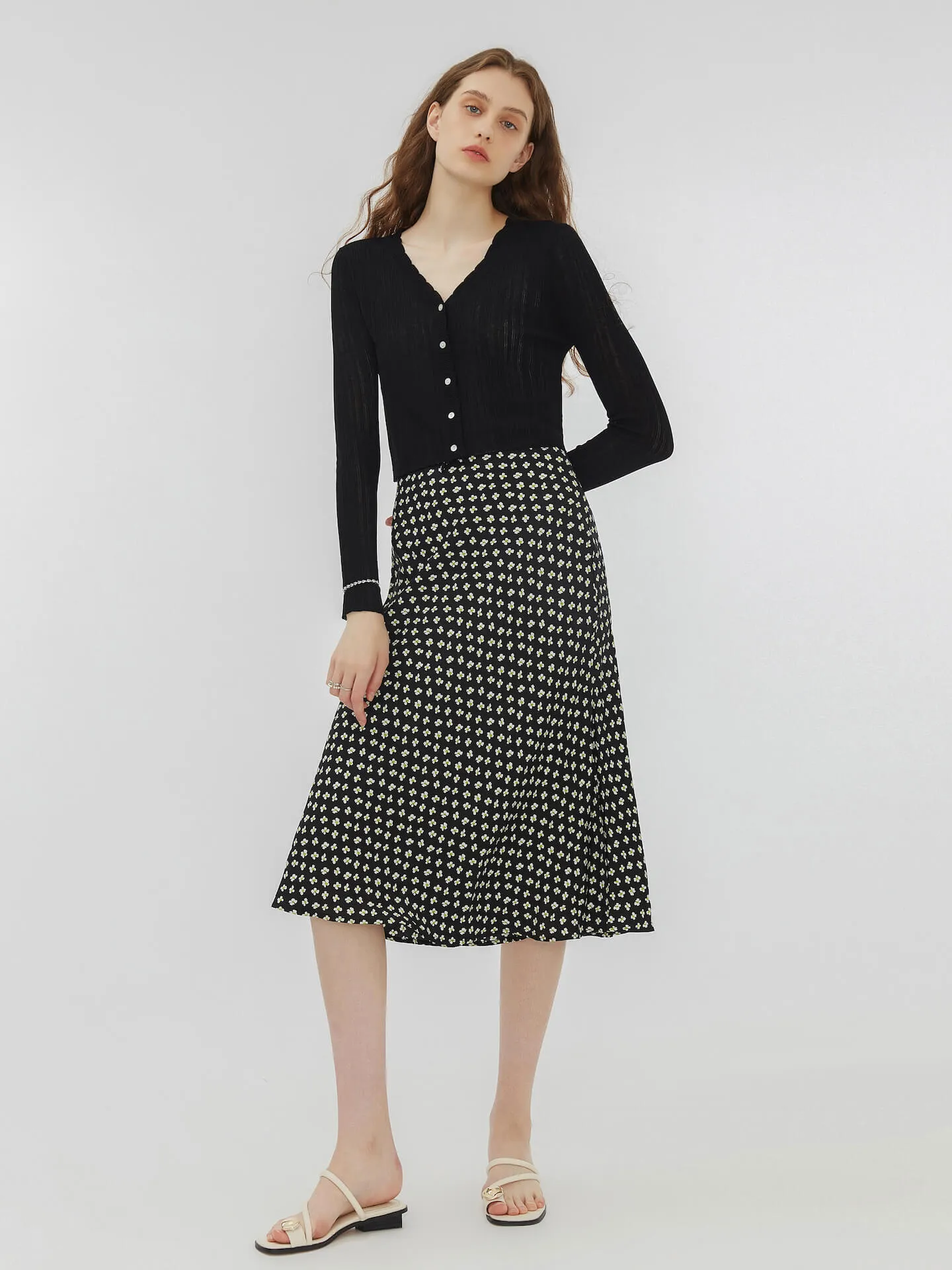 Black Printed Flowy Midi Skirt