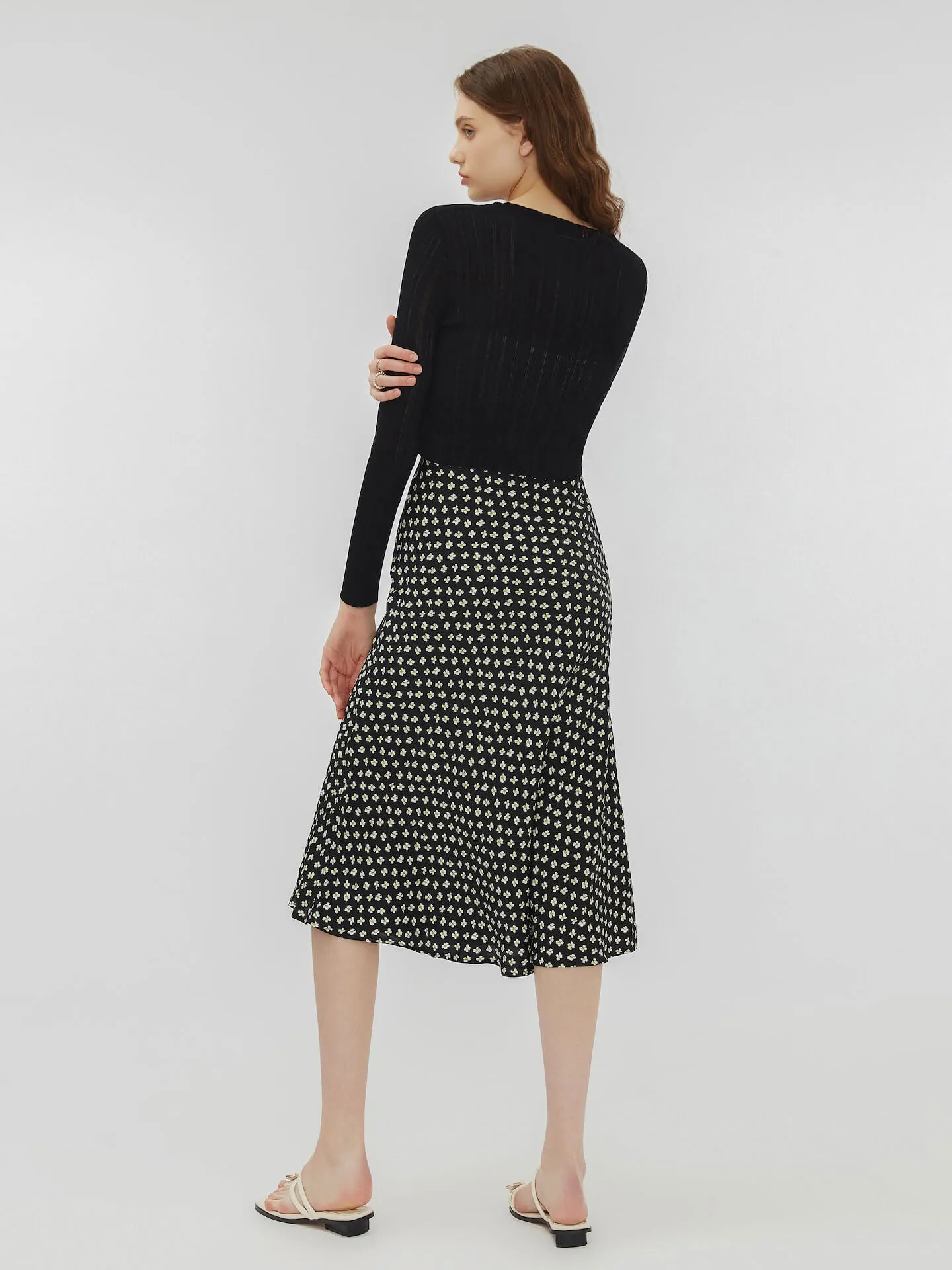 Black Printed Flowy Midi Skirt