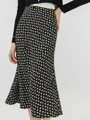 Black Printed Flowy Midi Skirt