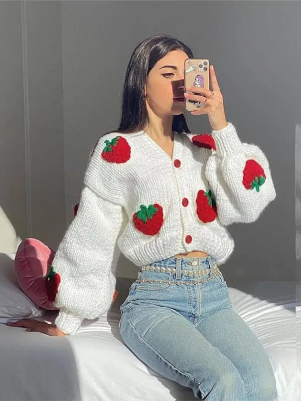 Blue Zone Planet |  Mia's Single Breasted V-Neck Knitted Strawberry Long Sleeve Cardigan