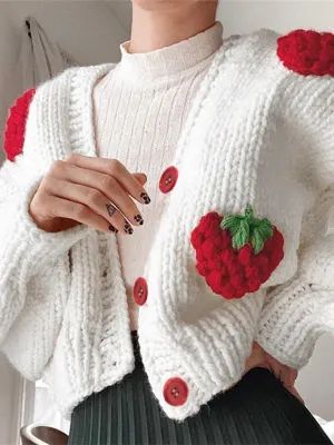 Blue Zone Planet |  Mia's Single Breasted V-Neck Knitted Strawberry Long Sleeve Cardigan