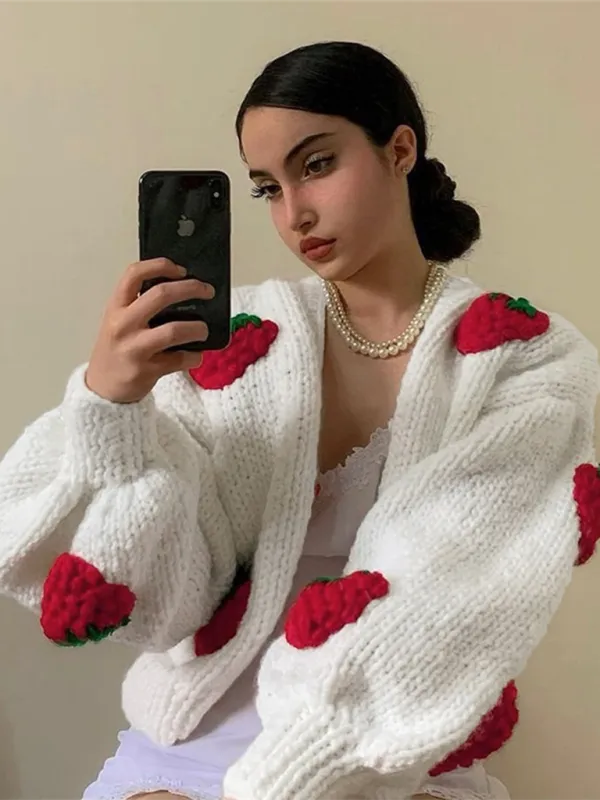 Blue Zone Planet |  Mia's Single Breasted V-Neck Knitted Strawberry Long Sleeve Cardigan