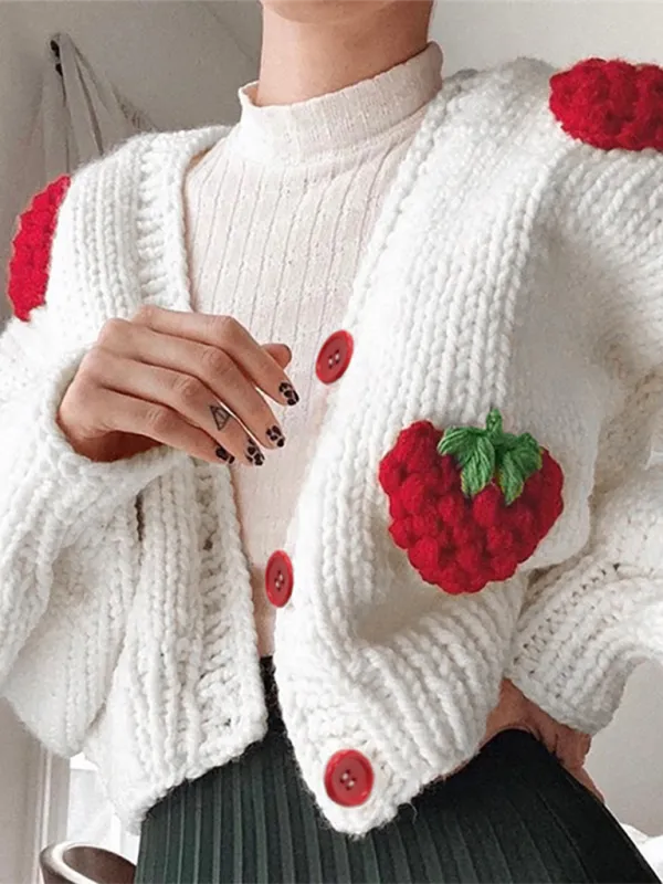 Blue Zone Planet |  Mia's Single Breasted V-Neck Knitted Strawberry Long Sleeve Cardigan