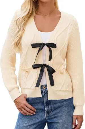 BMJL Womens Cardigan Sweater Cropped Tie Front Bow Sweaters Cable Knit Long Sleeve Trendy Clothes 2024