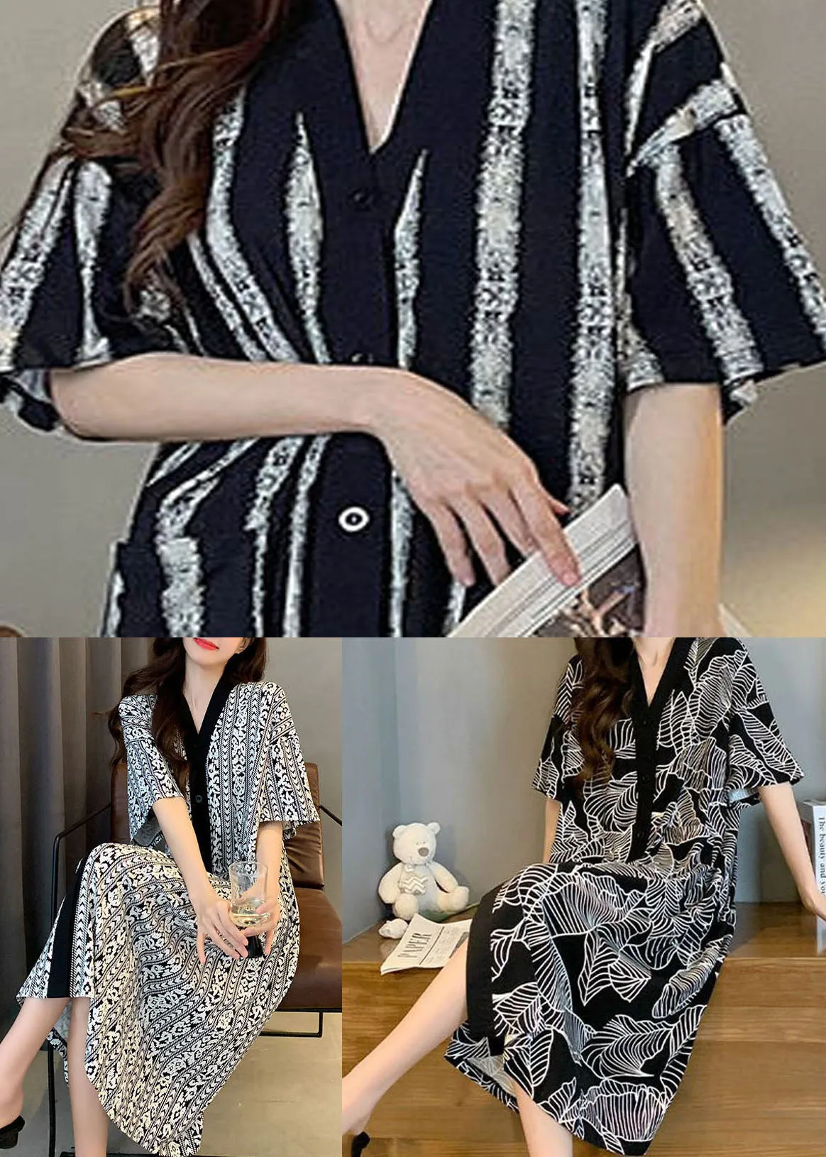 Bohemian Plaid V Neck Patchwork Cotton Pajamas Dress Summer LY2847