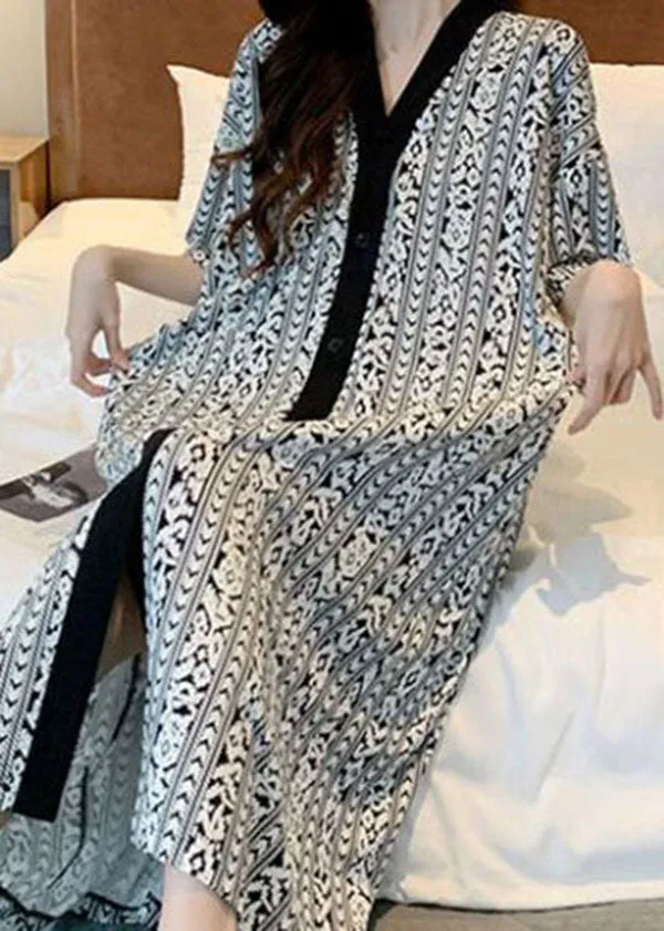 Bohemian Plaid V Neck Patchwork Cotton Pajamas Dress Summer LY2847