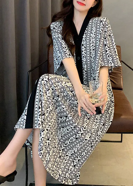 Bohemian Plaid V Neck Patchwork Cotton Pajamas Dress Summer LY2847
