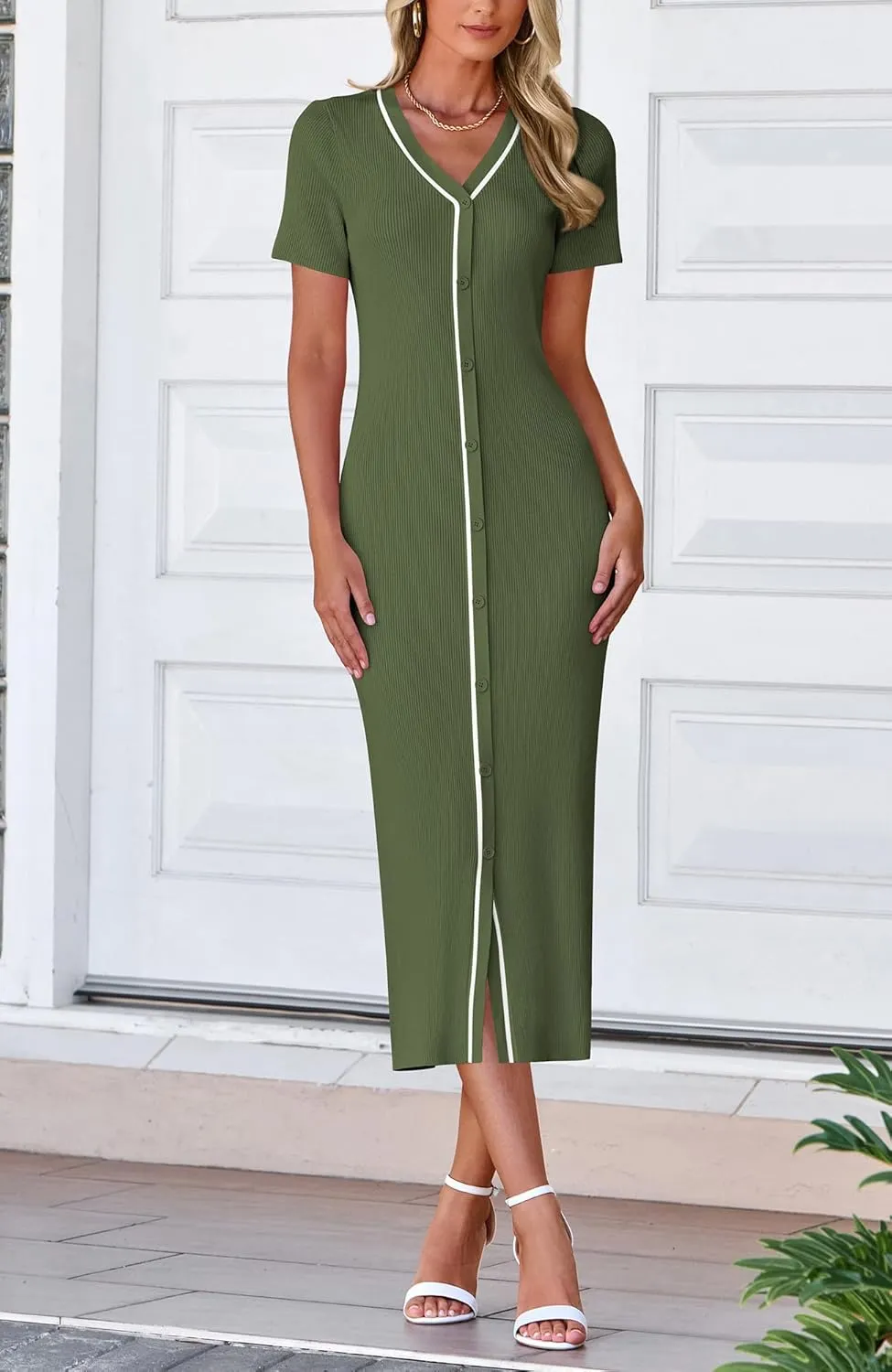 BTFBM Casual Women Spring Dresses 2025 Knit Bodycon Sweater Summer Dress Decorative Button V Neck Long Dress