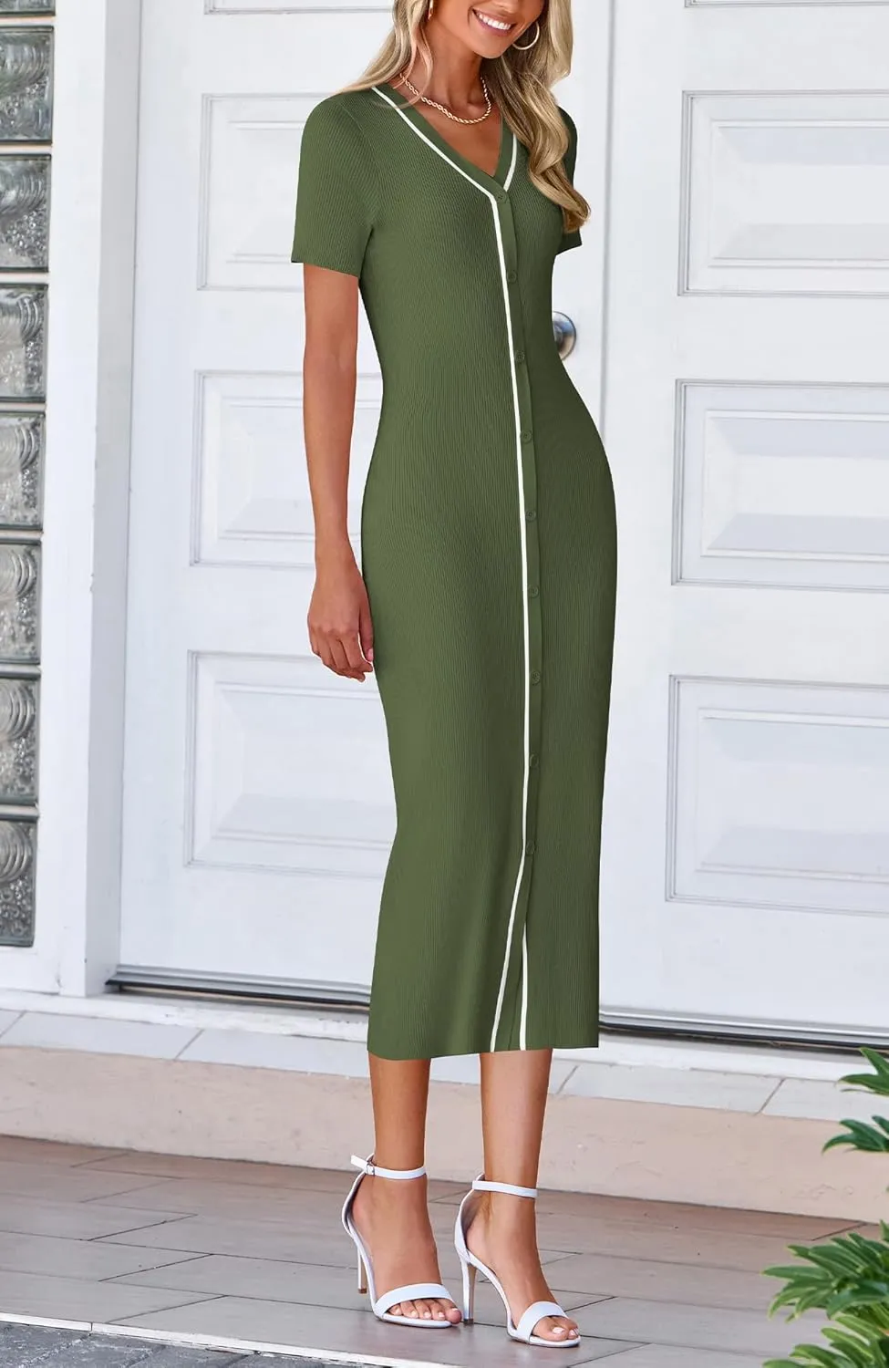 BTFBM Casual Women Spring Dresses 2025 Knit Bodycon Sweater Summer Dress Decorative Button V Neck Long Dress