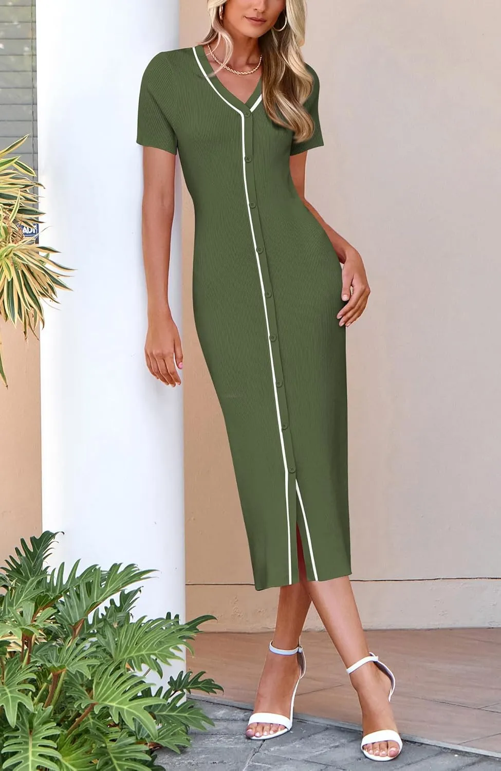 BTFBM Casual Women Spring Dresses 2025 Knit Bodycon Sweater Summer Dress Decorative Button V Neck Long Dress