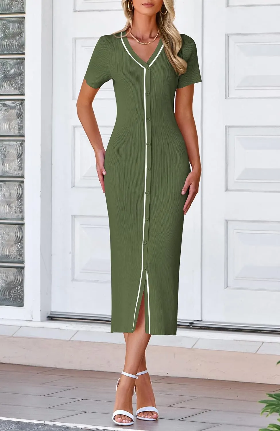 BTFBM Casual Women Spring Dresses 2025 Knit Bodycon Sweater Summer Dress Decorative Button V Neck Long Dress