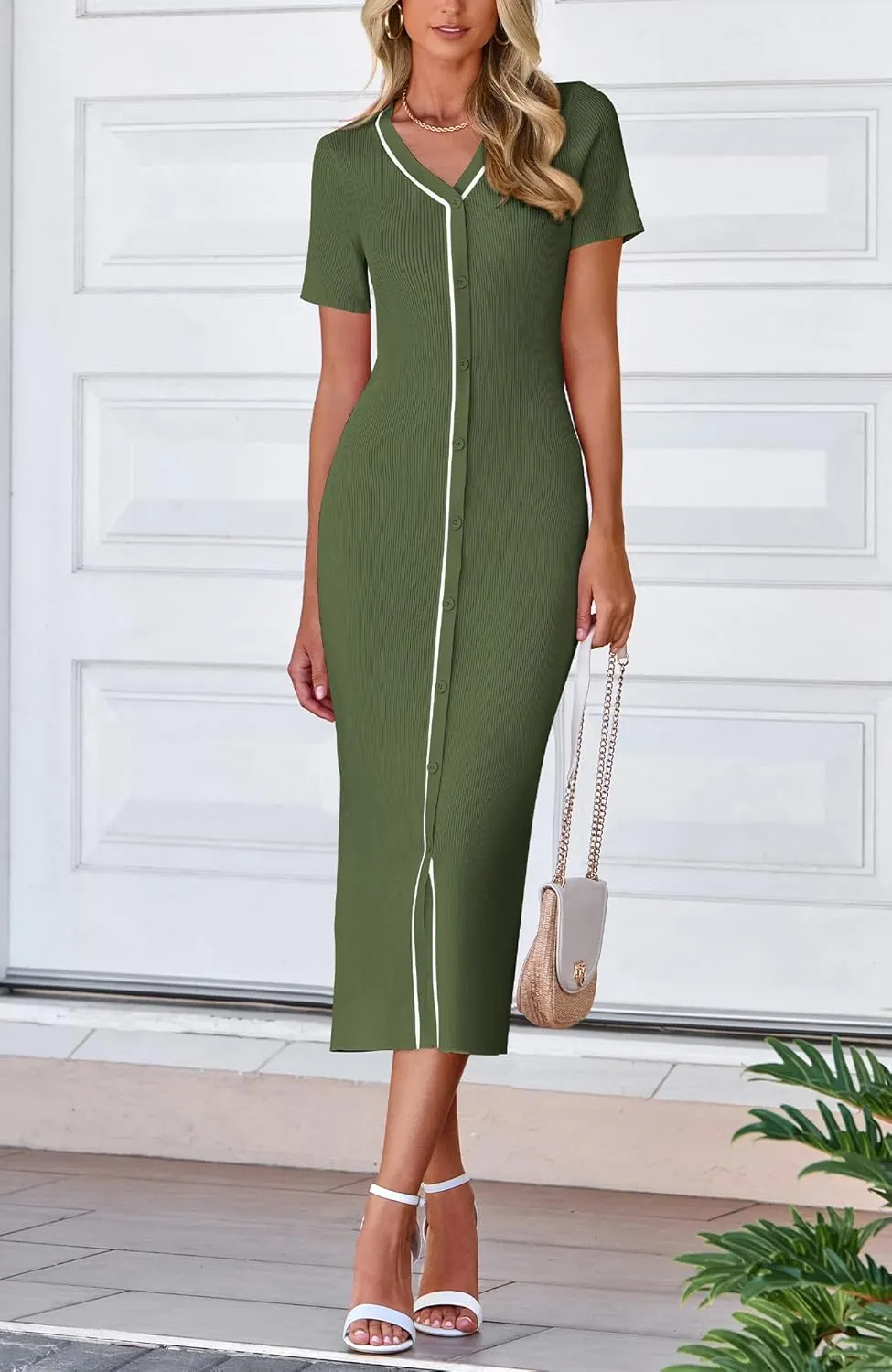 BTFBM Casual Women Spring Dresses 2025 Knit Bodycon Sweater Summer Dress Decorative Button V Neck Long Dress