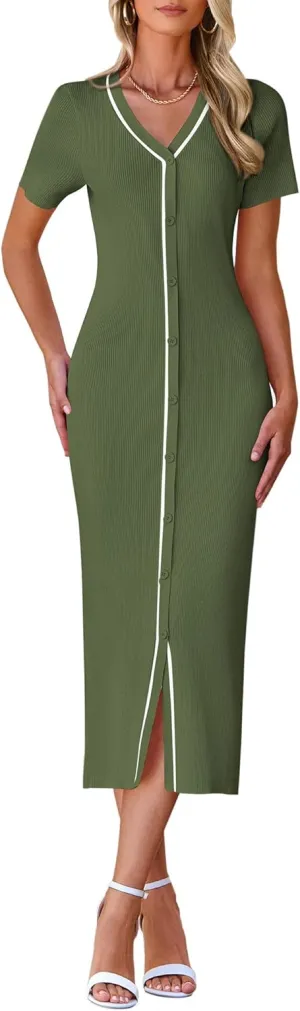 BTFBM Casual Women Spring Dresses 2025 Knit Bodycon Sweater Summer Dress Decorative Button V Neck Long Dress