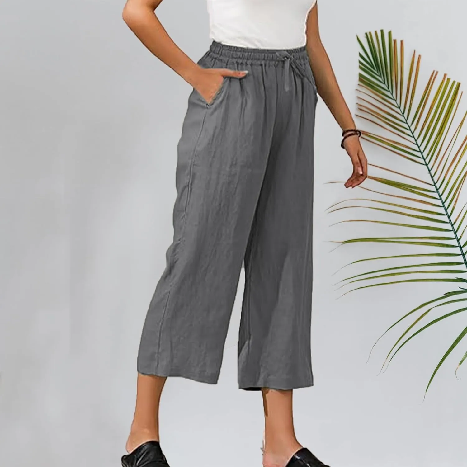 Capri Pants for Women 2025 Summer Drawstring Elastic High Waist Casual Capris Straight Wide Leg Cotton Linen Pants
