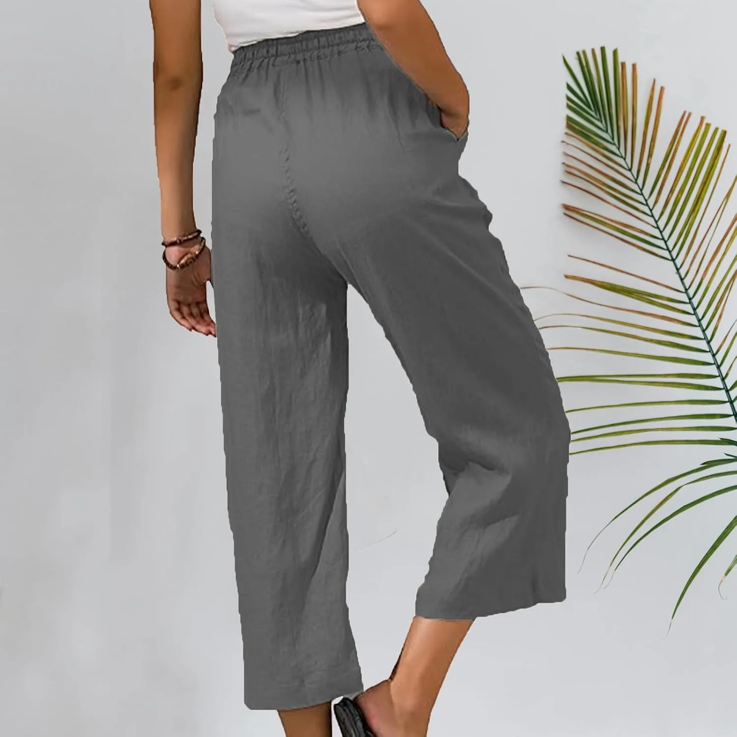 Capri Pants for Women 2025 Summer Drawstring Elastic High Waist Casual Capris Straight Wide Leg Cotton Linen Pants