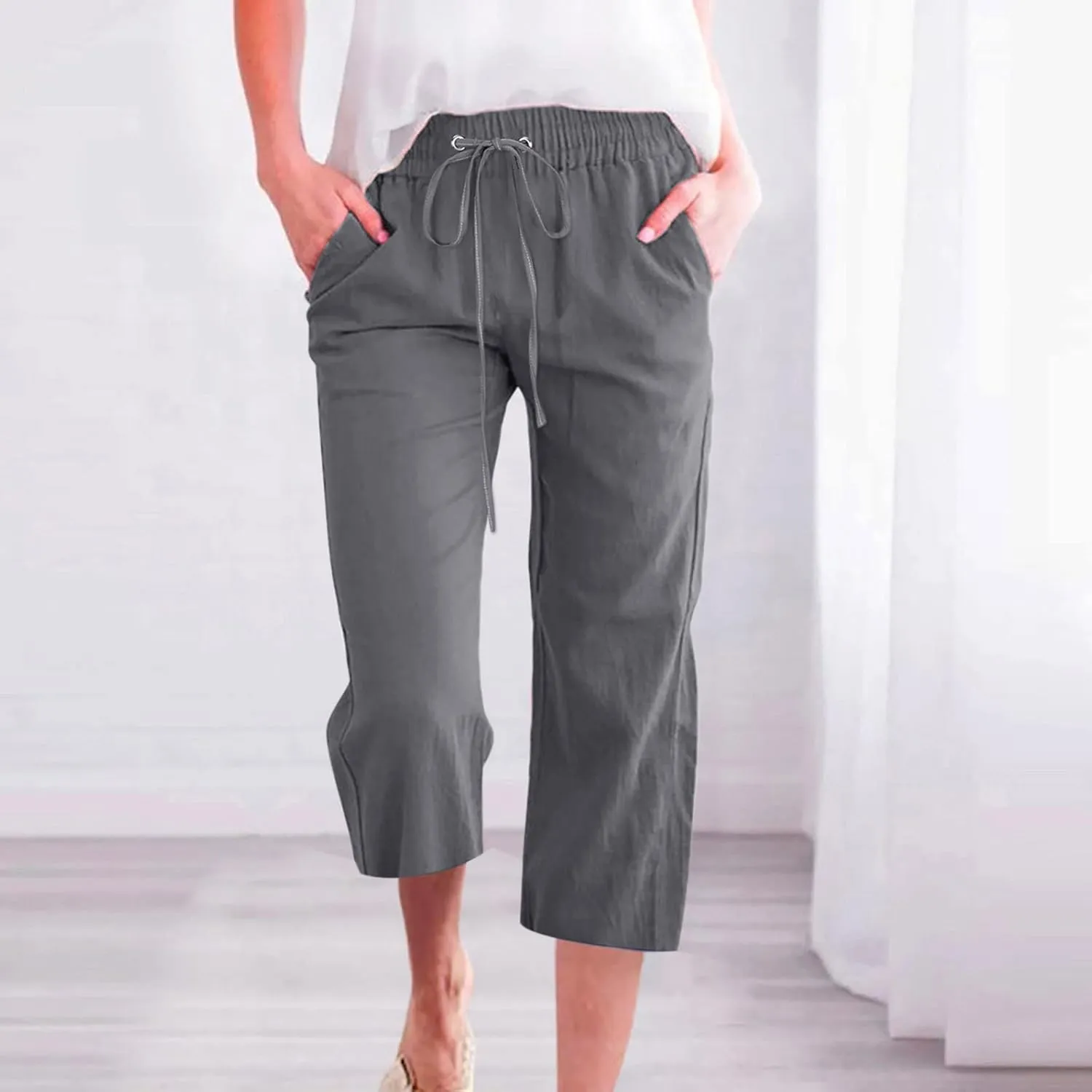 Capri Pants for Women 2025 Summer Drawstring Elastic High Waist Casual Capris Straight Wide Leg Cotton Linen Pants