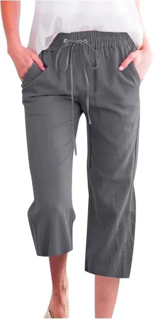 Capri Pants for Women 2025 Summer Drawstring Elastic High Waist Casual Capris Straight Wide Leg Cotton Linen Pants
