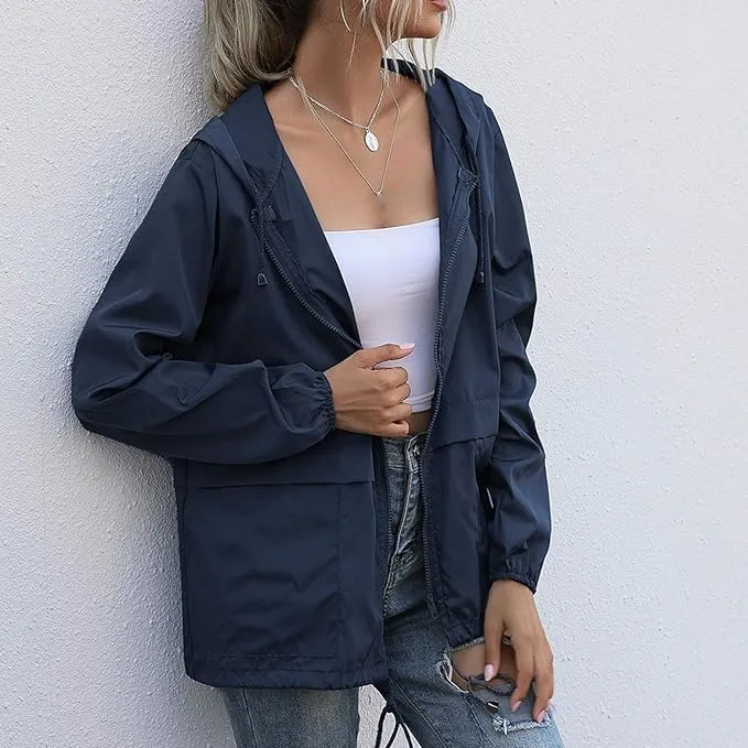 Cdiecer Rain Jacket Women Hooded Waterproof Windbreaker Lightweight Rain Coat Windproof Adjustable Raincoat with Pockets