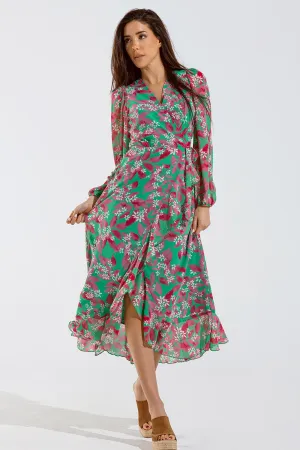 Chiffon maxi Dress With Floral Print in Green