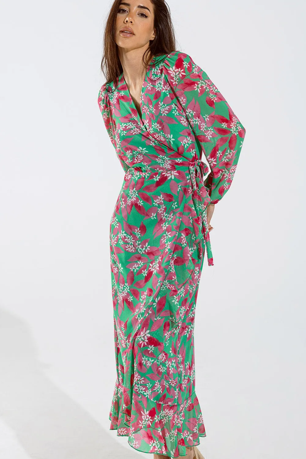 Chiffon maxi Dress With Floral Print in Green