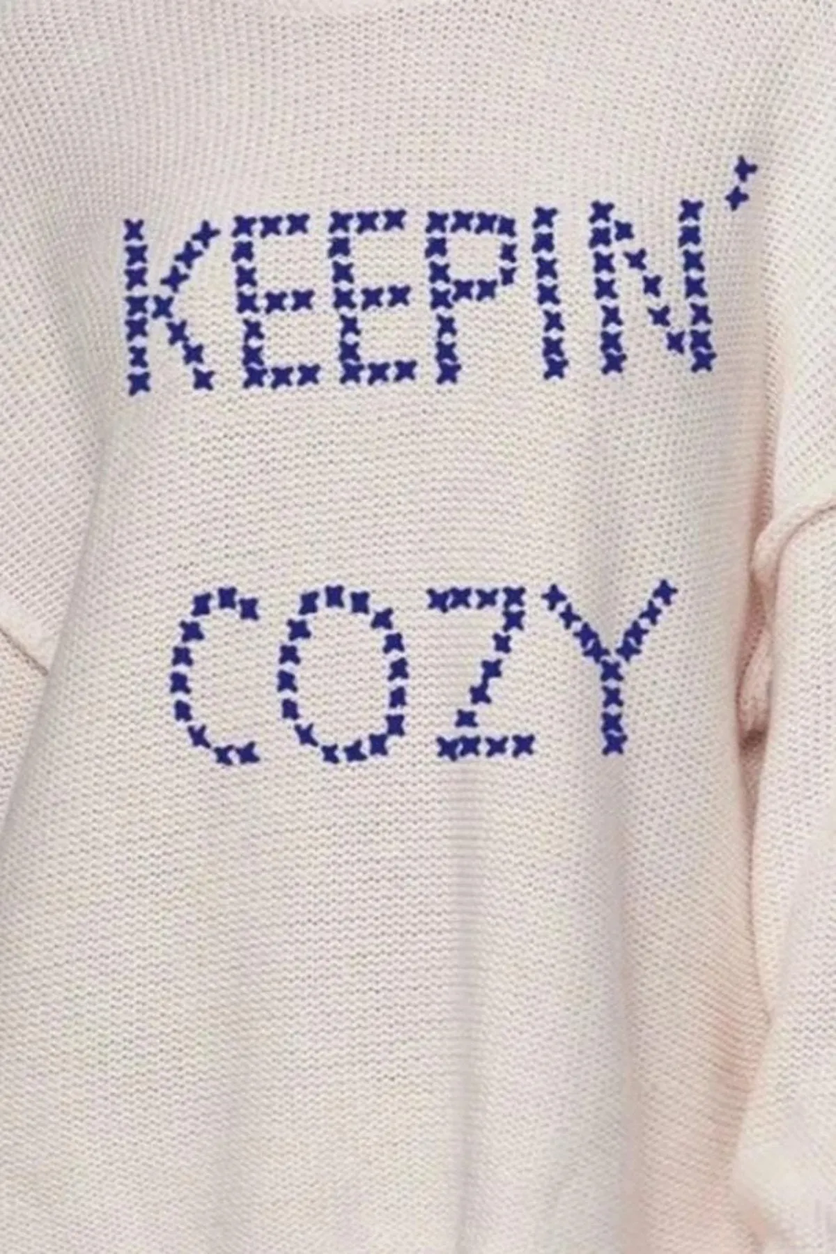 Chunky Cotton Blend Pullover Sweater- Cross Stitch "Keepin' Cozy" hand embroidery