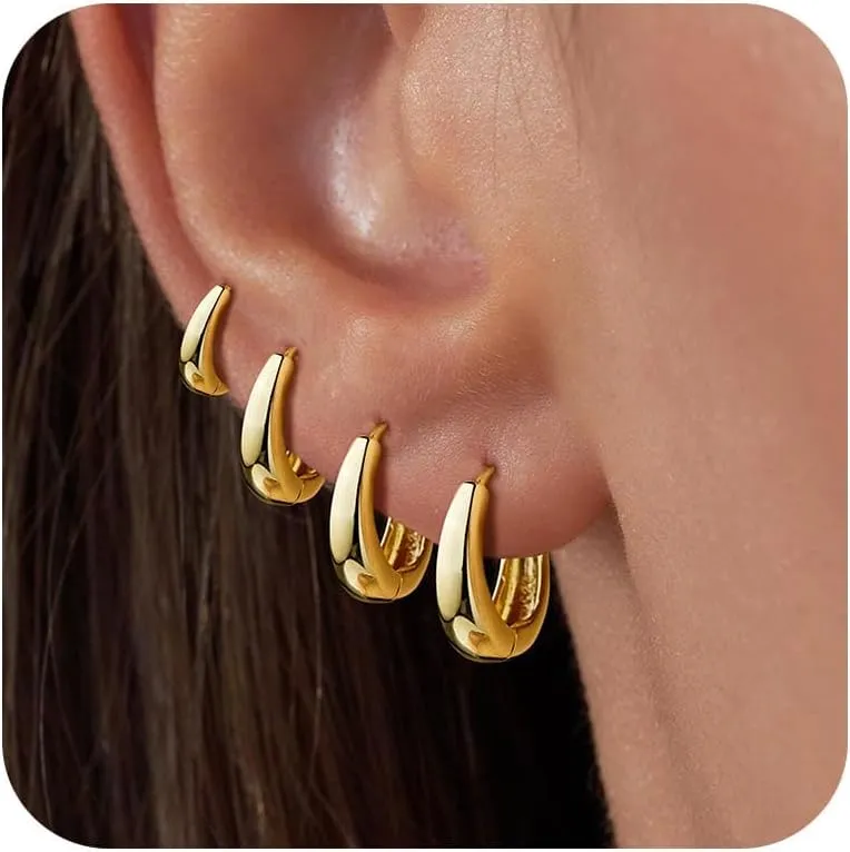 Chunky Gold Huggie Hoop Earrings Set for Women, Small Sterling Silver Cartilage Earring for Multiple Piercing 14K Plated Hypoallergenic Trendy Jewelry, Dainty Thick Stack Earing for Womens Gift