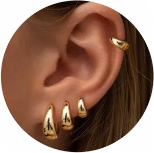 Chunky Gold Huggie Hoop Earrings Set for Women, Small Sterling Silver Cartilage Earring for Multiple Piercing 14K Plated Hypoallergenic Trendy Jewelry, Dainty Thick Stack Earing for Womens Gift