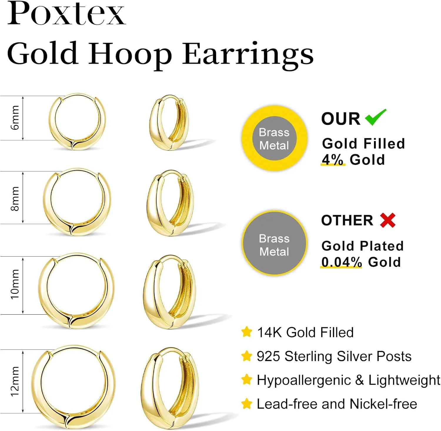 Chunky Gold Huggie Hoop Earrings Set for Women, Small Sterling Silver Cartilage Earring for Multiple Piercing 14K Plated Hypoallergenic Trendy Jewelry, Dainty Thick Stack Earing for Womens Gift