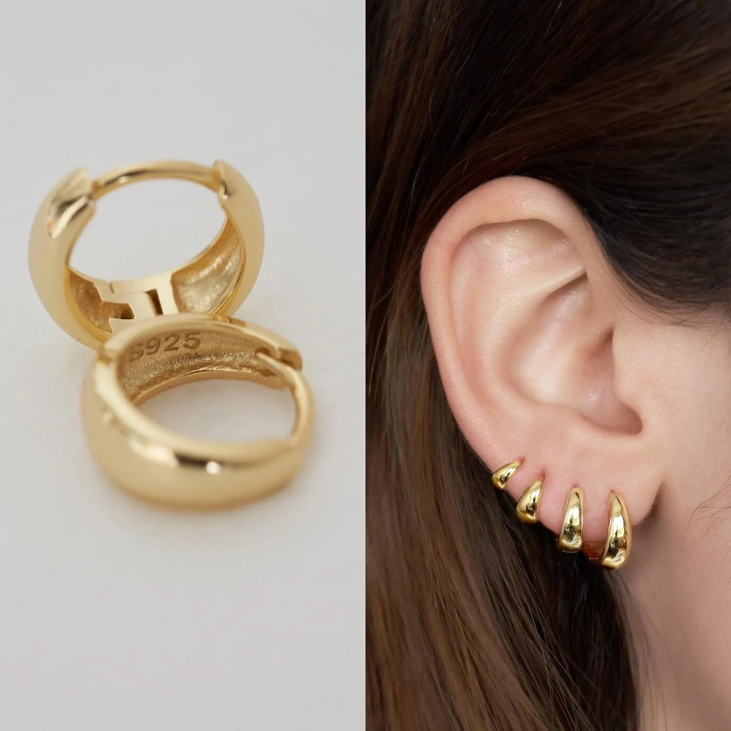 Chunky Gold Huggie Hoop Earrings Set for Women, Small Sterling Silver Cartilage Earring for Multiple Piercing 14K Plated Hypoallergenic Trendy Jewelry, Dainty Thick Stack Earing for Womens Gift
