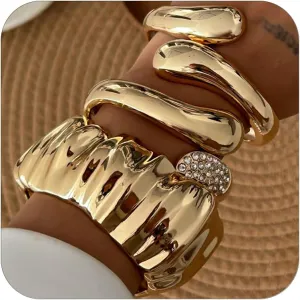 CJIAYUJEW 3Pcs Big Chunky Gold Bangle for Women Silver Cuff Wide Bracelet Trendy Teardrop Wire Irregular Minimalist Jewelry