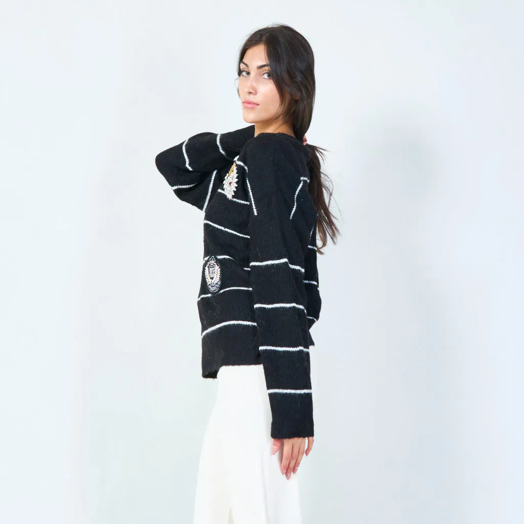 Cozy knit sweater with floral appliqués wholesale