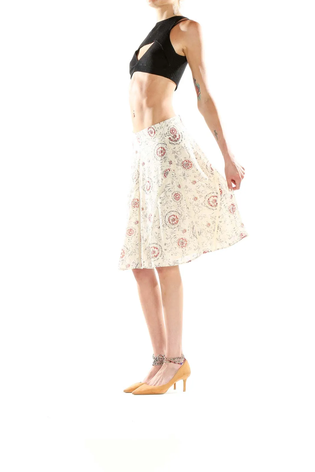Cream Floral A-Line Midi Skirt