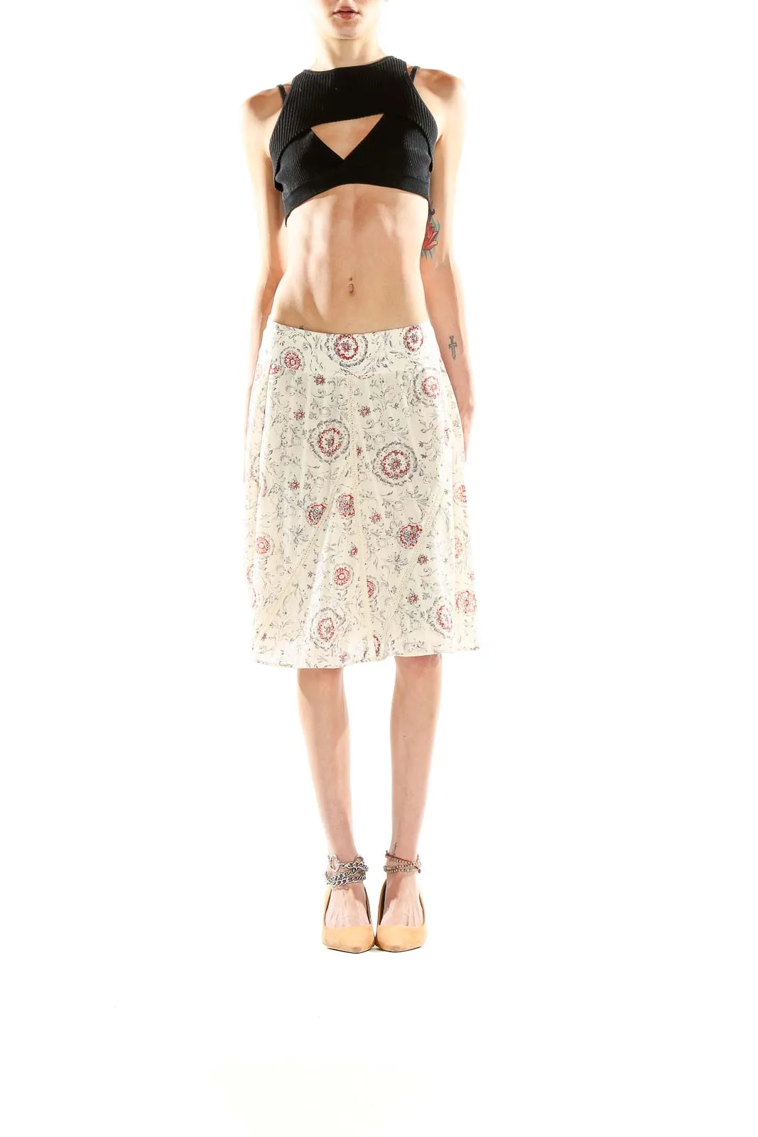 Cream Floral A-Line Midi Skirt