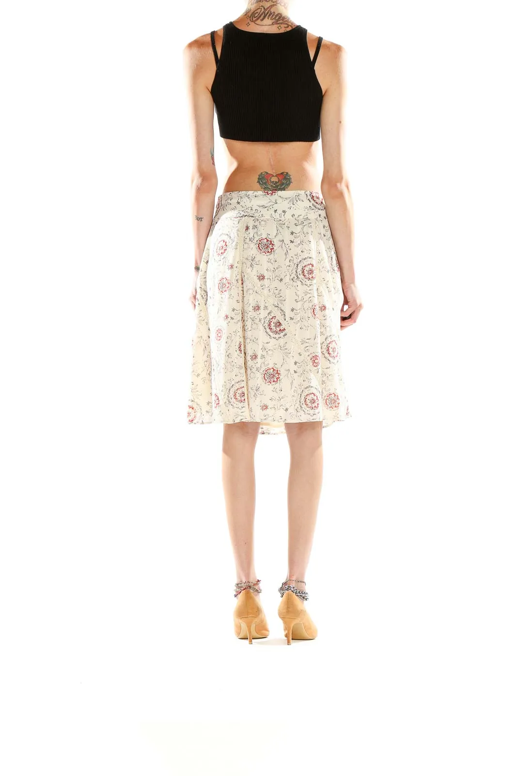 Cream Floral A-Line Midi Skirt