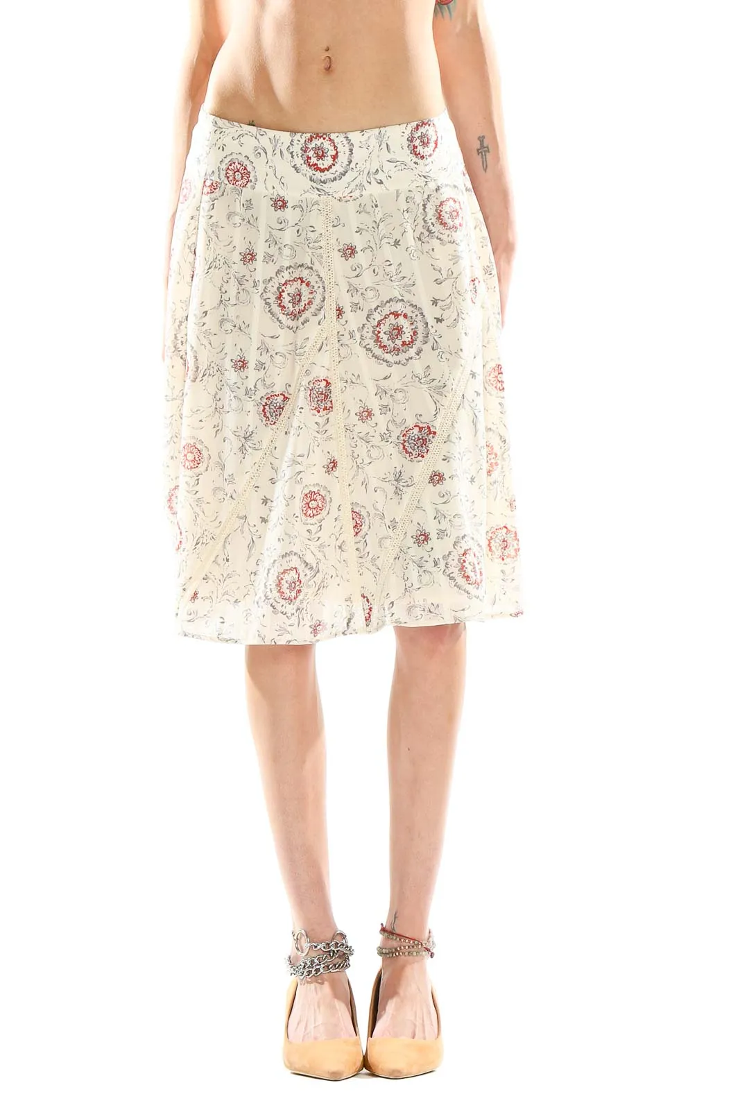 Cream Floral A-Line Midi Skirt