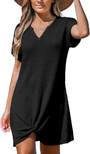 CUPSHE Women Waffle Knit Bathing Suit Cover Up Short Sleeve Twist Hem Swimsuit Coverup for Summer Vacation